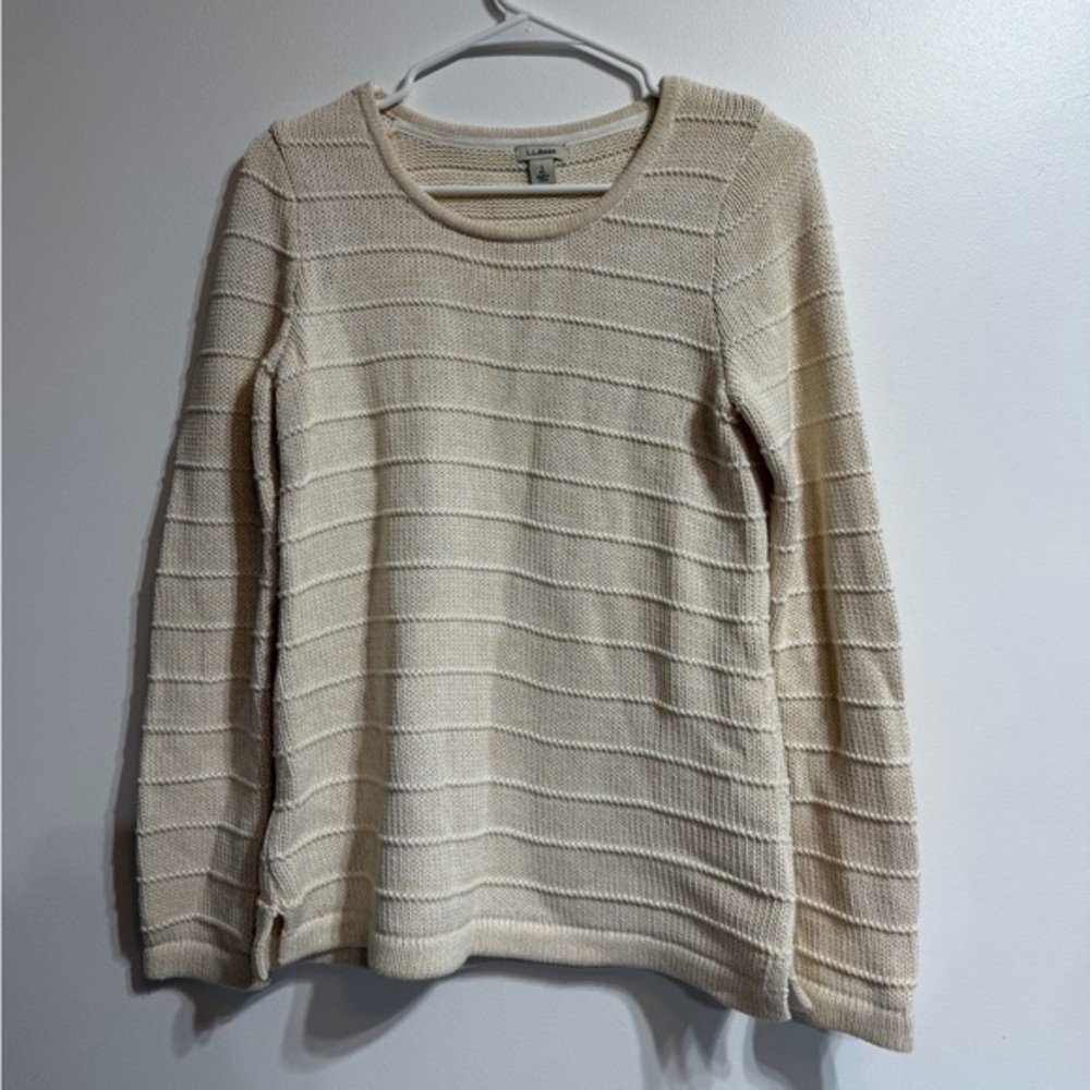 L.L. Bean Cream 100% Cotton Textured Stripe Crewneck Sweater Size Small